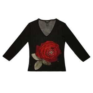 Vintage Y2K Express micro mesh rose 3/4 sleeve top Size L